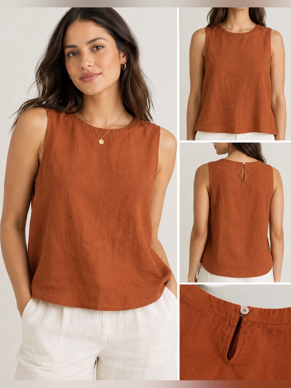 Quince 100% Linen Sleeveless Top – Rust/Spice – Size S